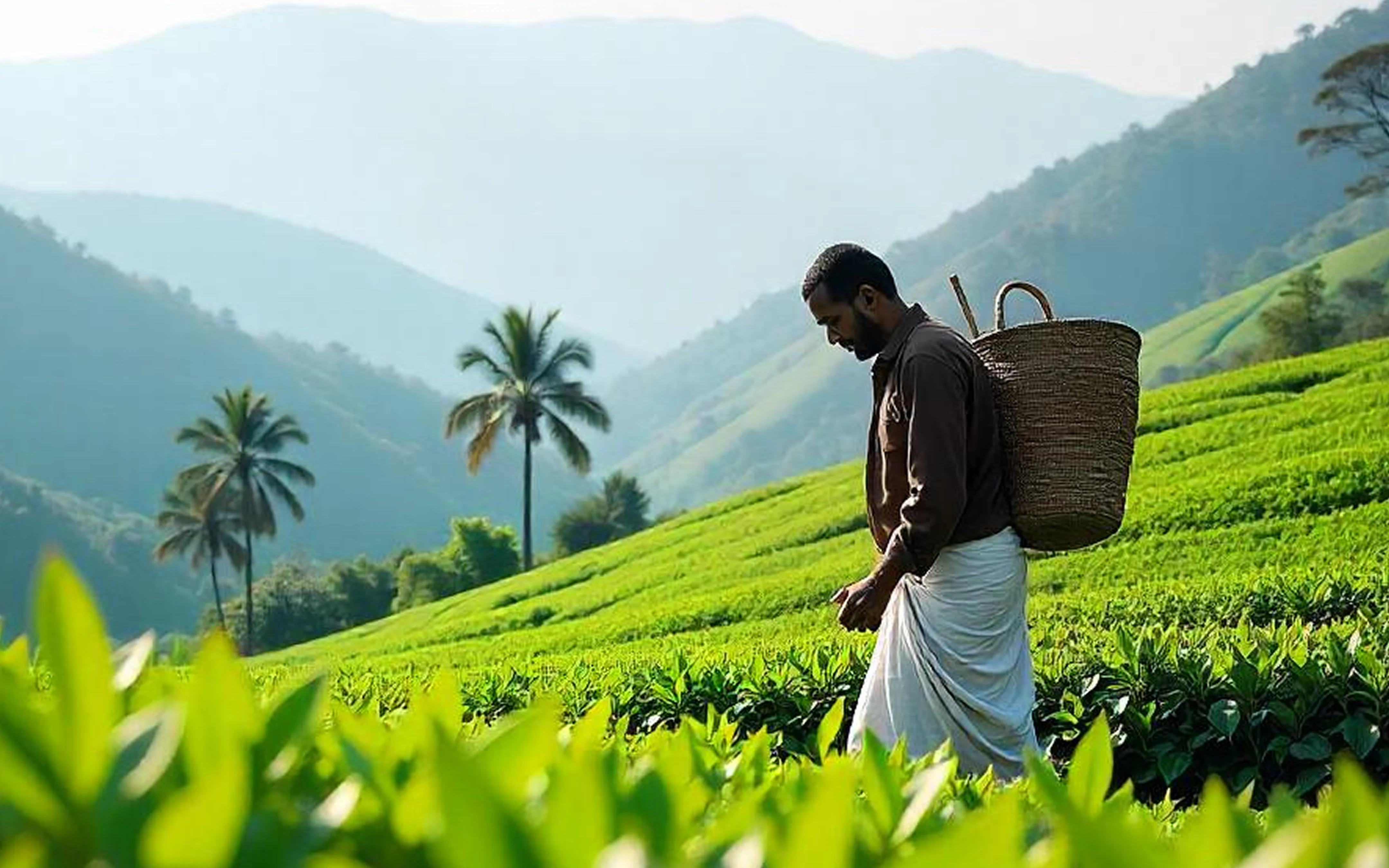 Tea picker harvesting leaves in plantation