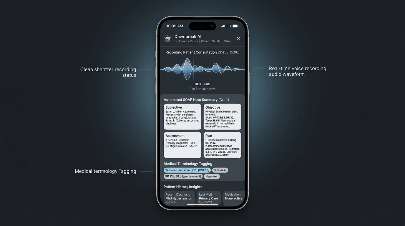 Dawnbreak AI Mobile App Voice Recording & SOAP Clinical Note Interface