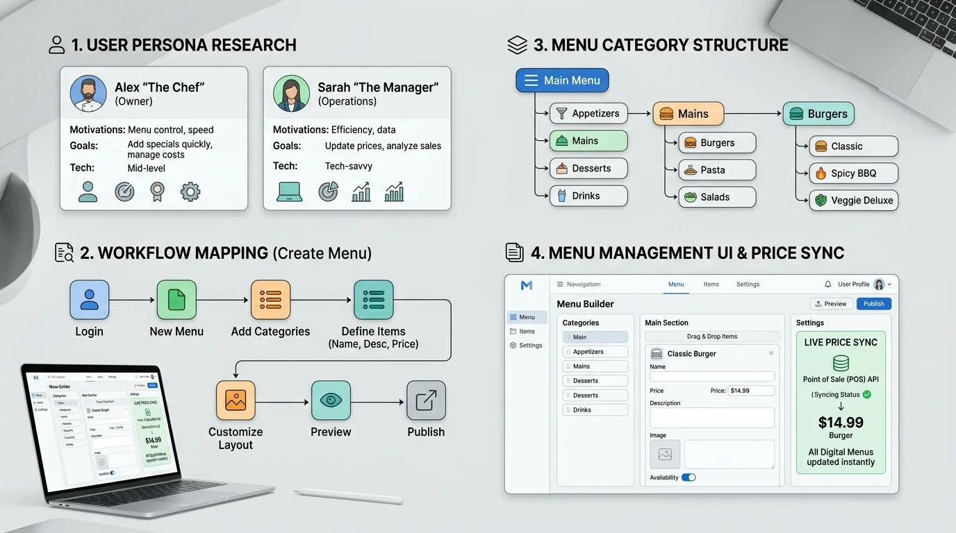 MenuBuilder Pro UX research and architecture board