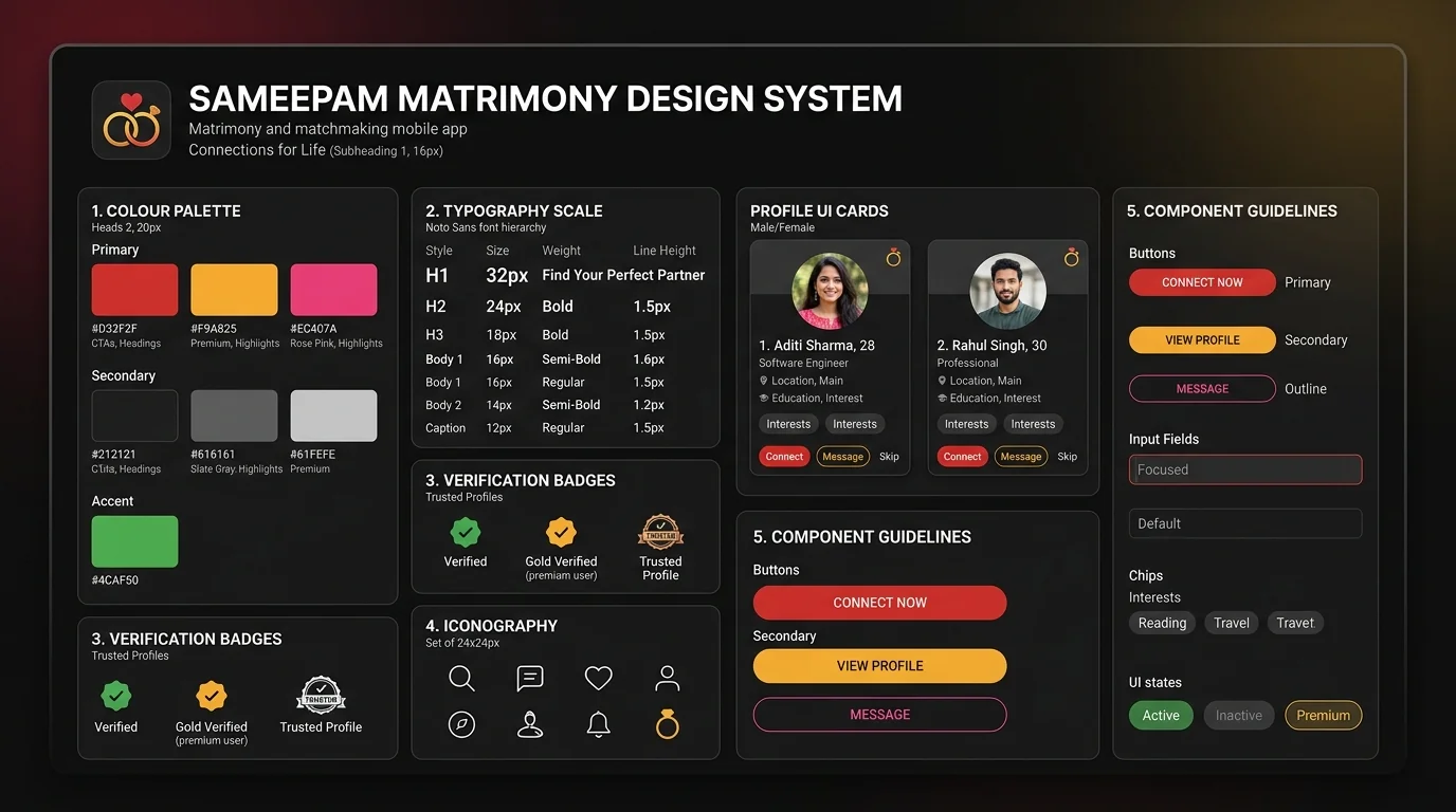 Sameepam Matrimony Design System Specification Board