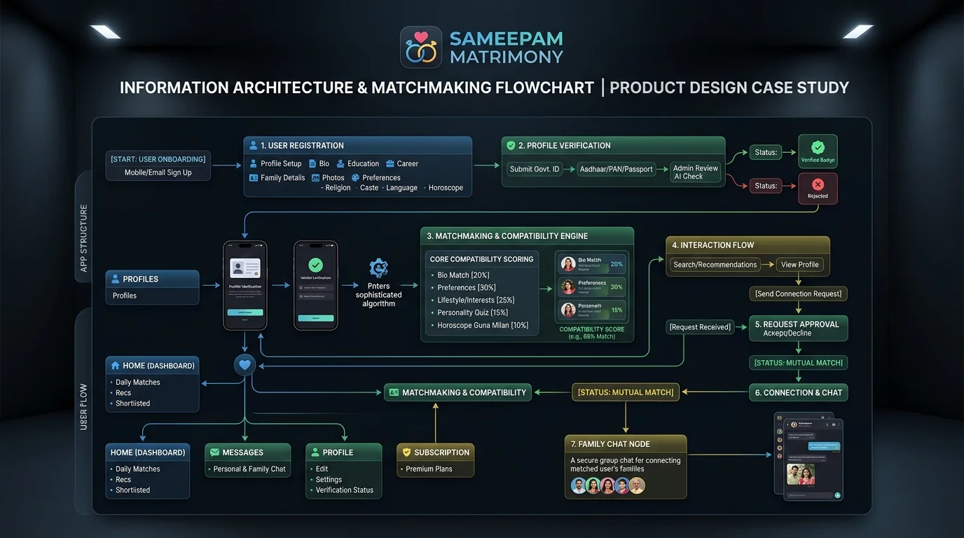Sameepam Matrimony Information Architecture & Matchmaking Flowchart Board